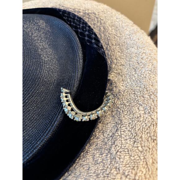 Vintage Navy Blue Straw Velvet Hat Studio Style Caspar Davis of Hollywood 1950\'s main image 4